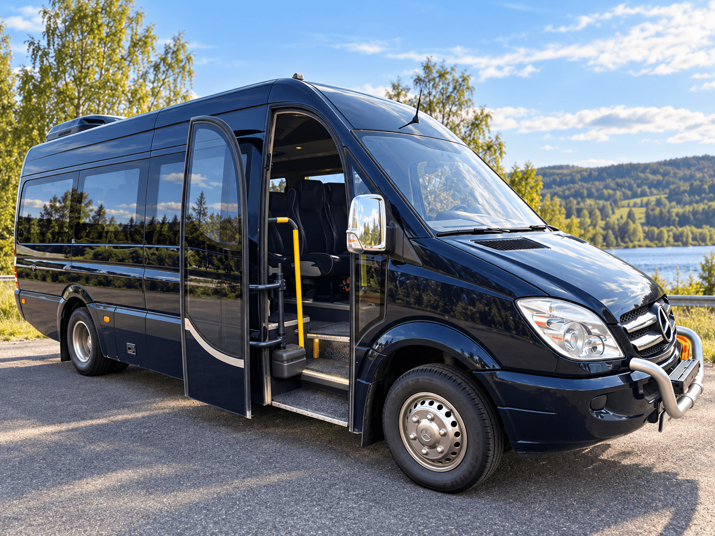 Mörkblå Mercedes Sprinter 519 från Andersson Buss med öppna dörrar